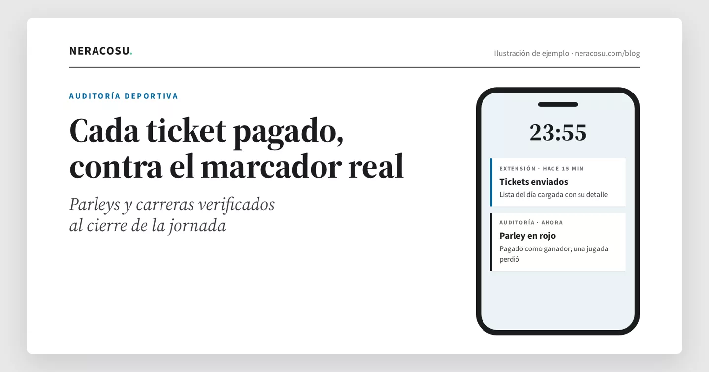 Ilustración de ejemplo: panel de auditoría que compara tickets pagados con los marcadores finales de la jornada
