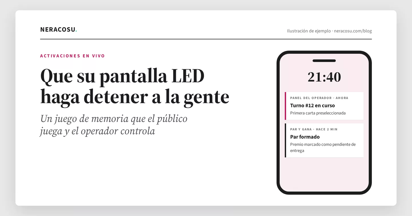 Ilustración de ejemplo: ocho cartas boca abajo en una pantalla LED y un operador con su laptop al lado