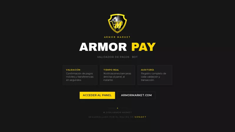 Pantalla de acceso del panel de validación Armor Pay