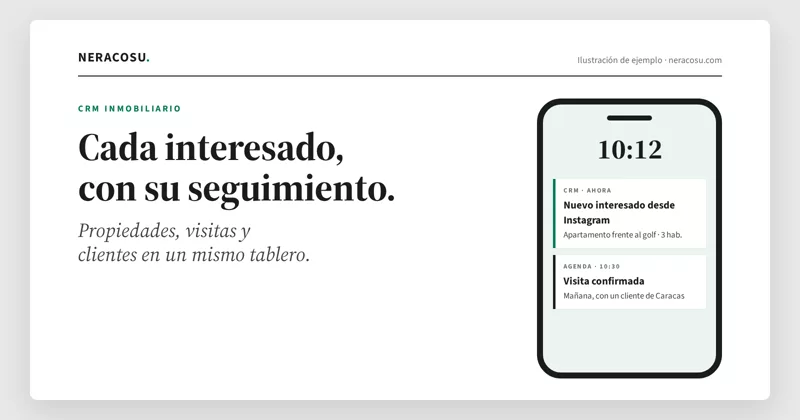 Ilustración de ejemplo: CRM inmobiliario con nuevos interesados y visitas