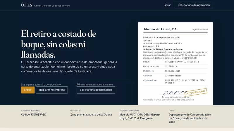 Página de inicio del sistema de retiro a costado de buque