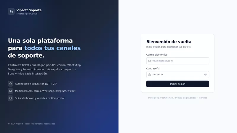 Pantalla de acceso de Soporte Vipsoft