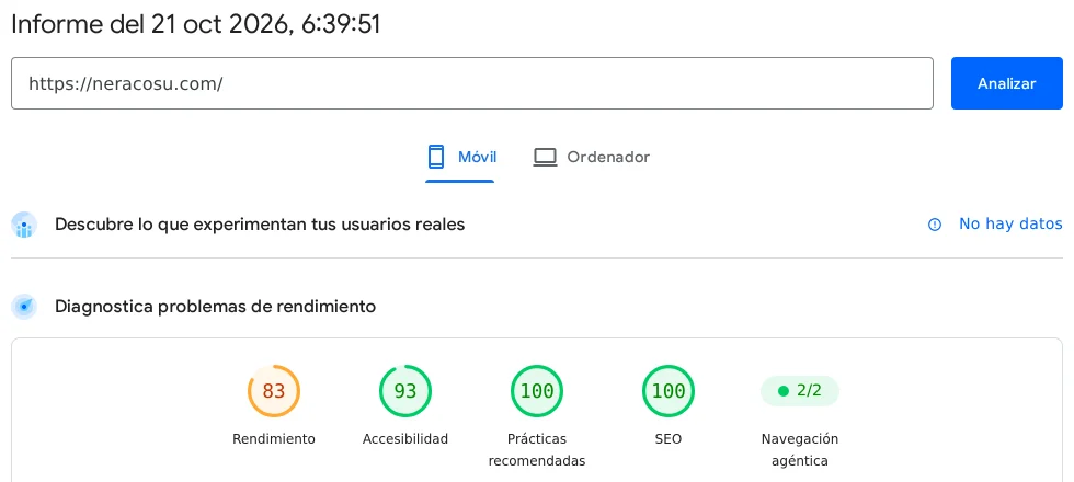 Informe de PageSpeed Insights del 21 de octubre de 2026 a las 6:39: rendimiento 83, accesibilidad 93, prácticas recomendadas 100 y SEO 100 en móvil