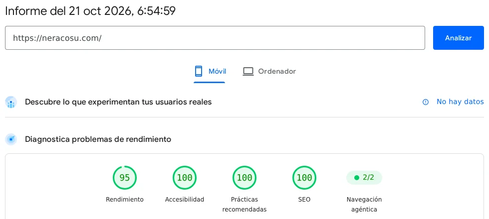 Informe de PageSpeed Insights del 21 de octubre de 2026 a las 6:54: rendimiento 95, accesibilidad 100, prácticas recomendadas 100 y SEO 100 en móvil