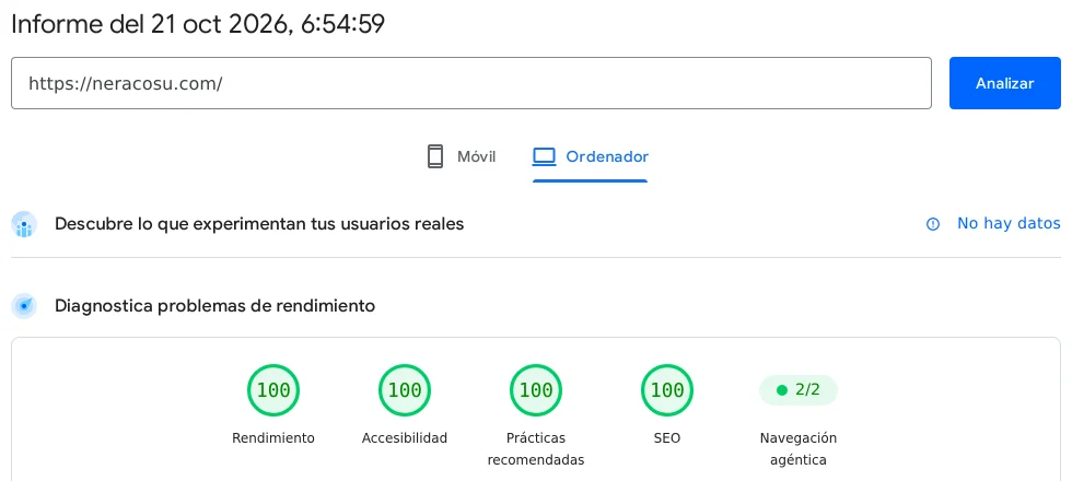 Informe de PageSpeed Insights del 21 de octubre de 2026 en escritorio: 100 en rendimiento, accesibilidad, prácticas recomendadas y SEO
